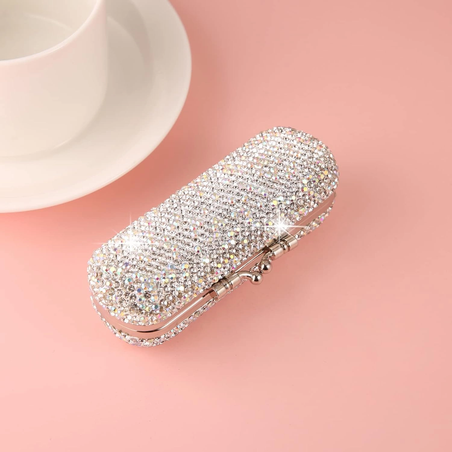AsAlways Shiny Rhinestone Crystal Portable Lipstick Case with Mirror Portable Bling Diamonds Makeup Cosmetic Storage Holder for Travel Ladies Fashion