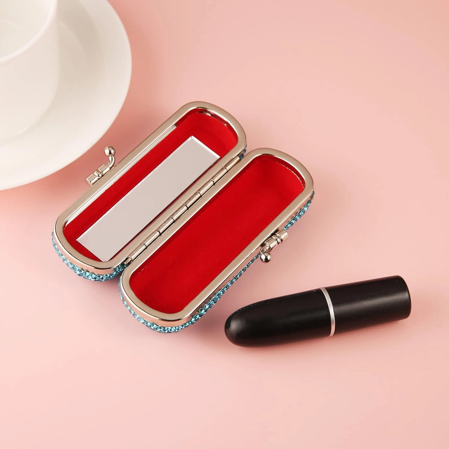 AsAlways Shiny Rhinestone Crystal Portable Lipstick Case with Mirror Portable Bling Diamonds Makeup Cosmetic Storage Holder for Travel Ladies Fashion