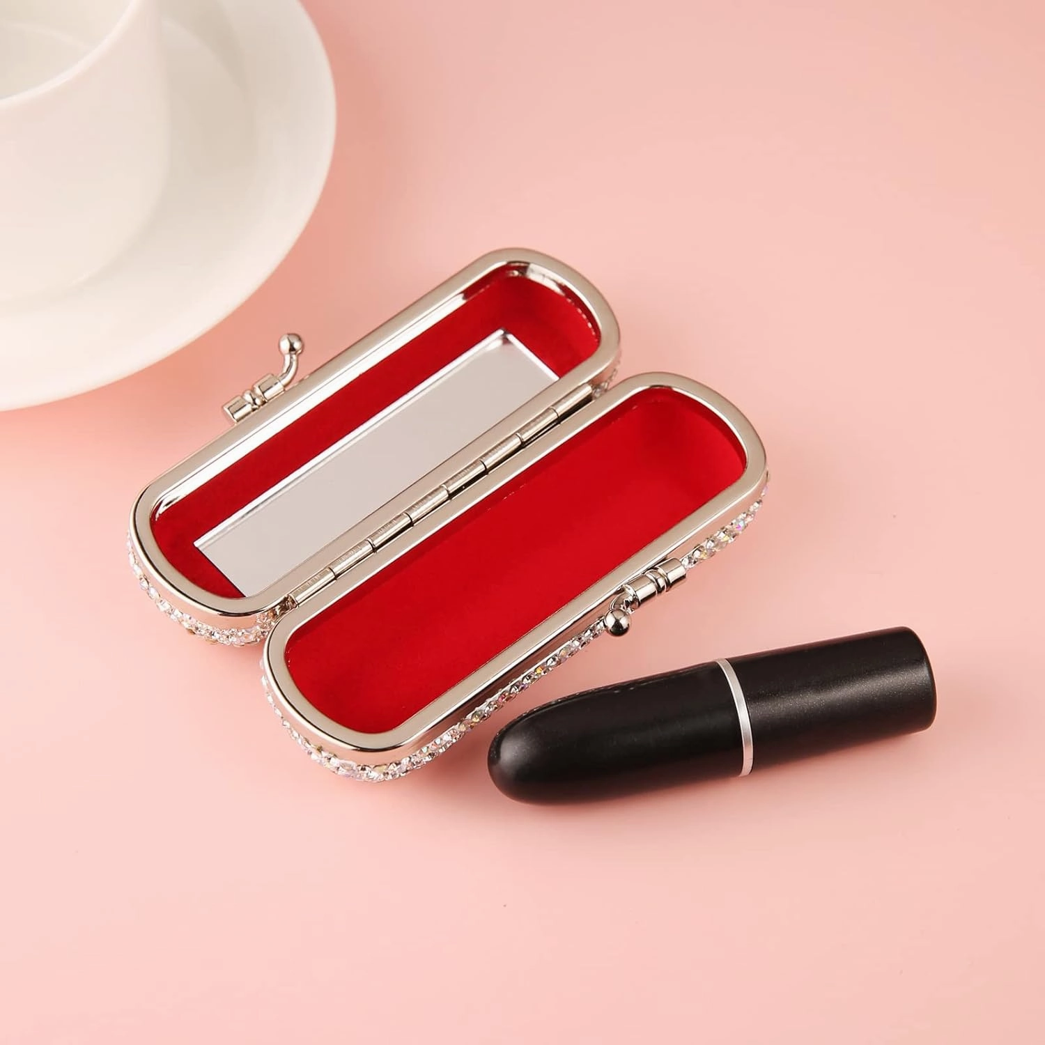 AsAlways Shiny Rhinestone Crystal Portable Lipstick Case with Mirror Portable Bling Diamonds Makeup Cosmetic Storage Holder for Travel Ladies Fashion