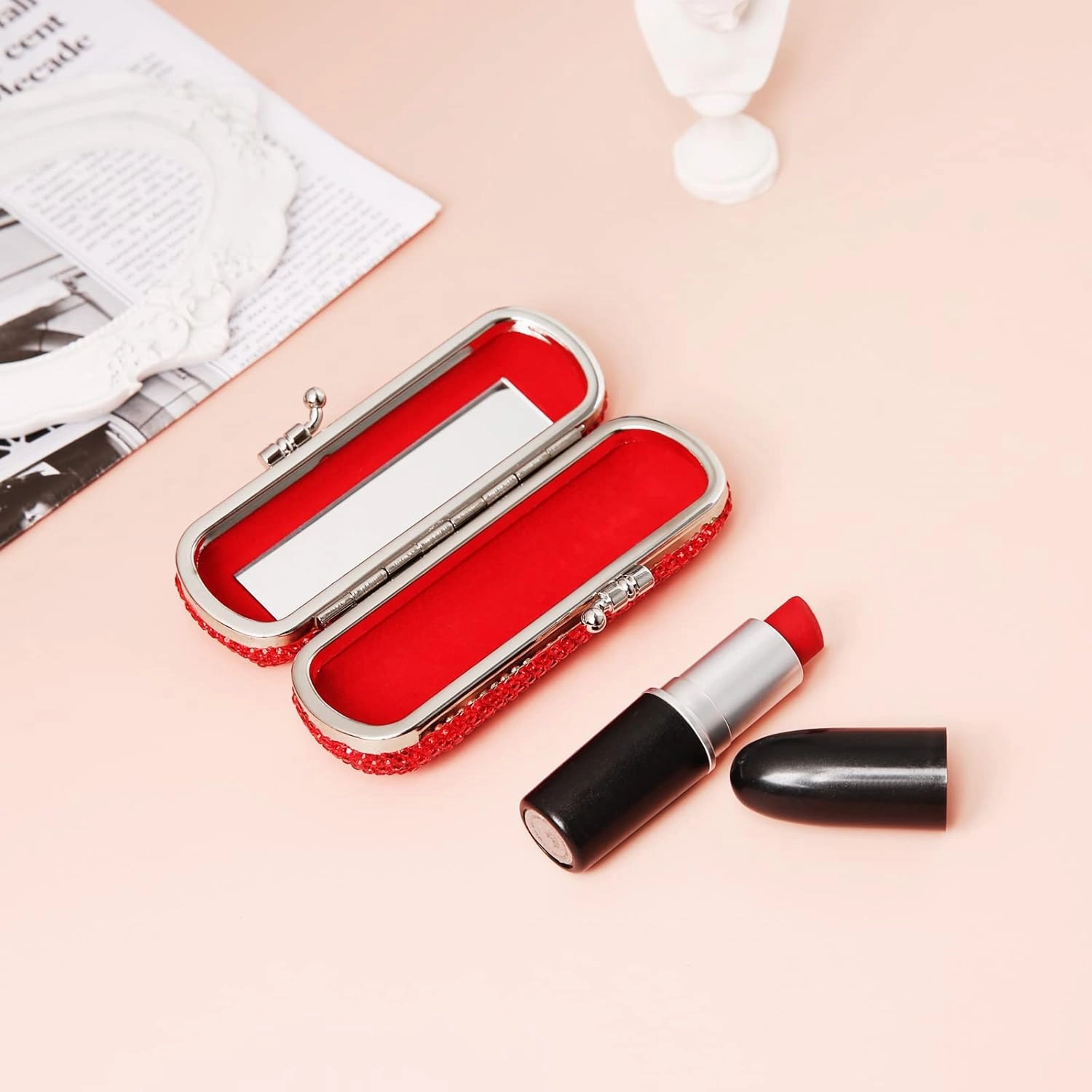 AsAlways Shiny Rhinestone Crystal Portable Lipstick Case with Mirror Portable Bling Diamonds Makeup Cosmetic Storage Holder for Travel Ladies Fashion