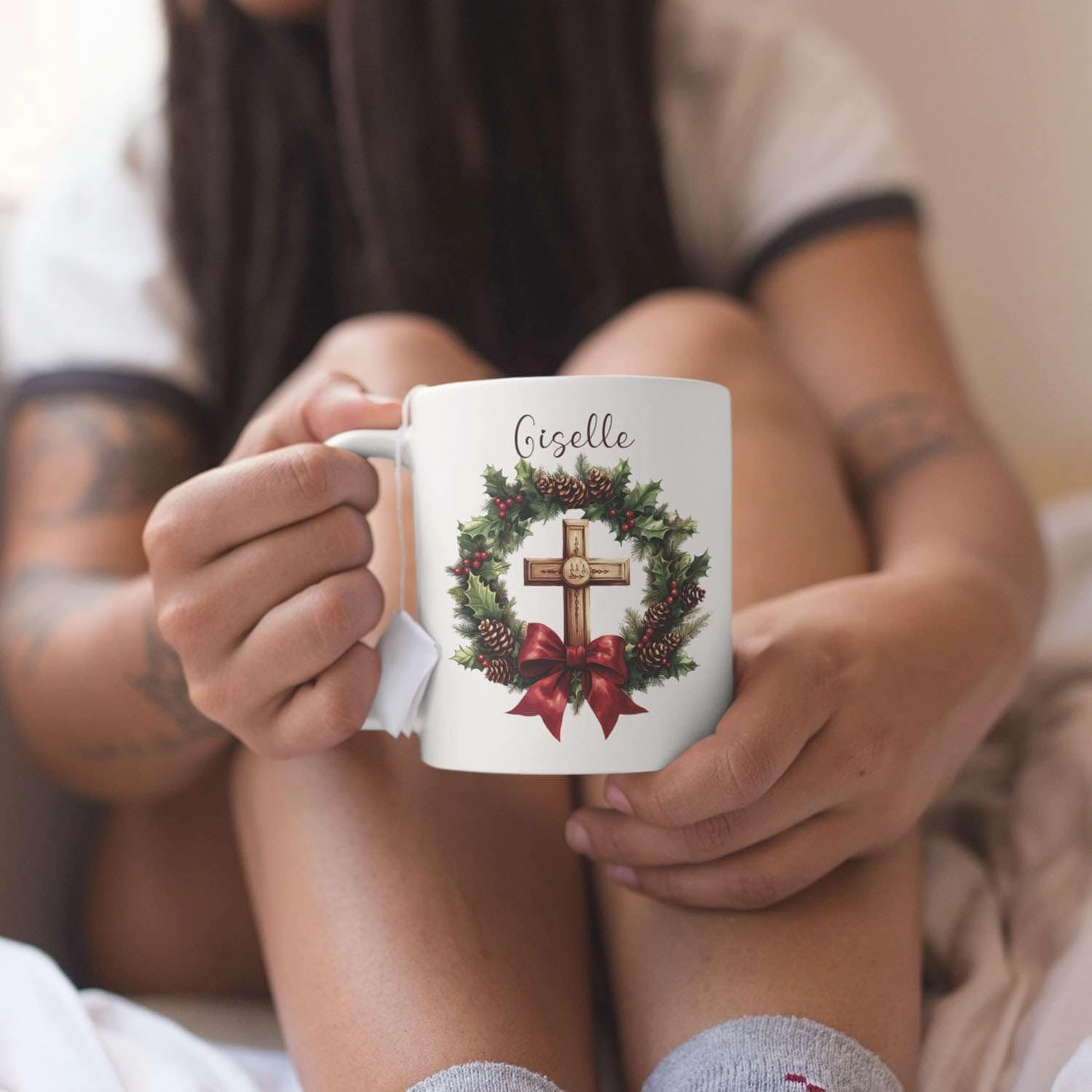 Awesome Custom Christmas Wreath Cup, Gift For Friends Coworkers, Personalized Cross Design Coffee Mug, Customized Name Christmas Design Ceramic Cup, Christian White Mug 11oz 15oz