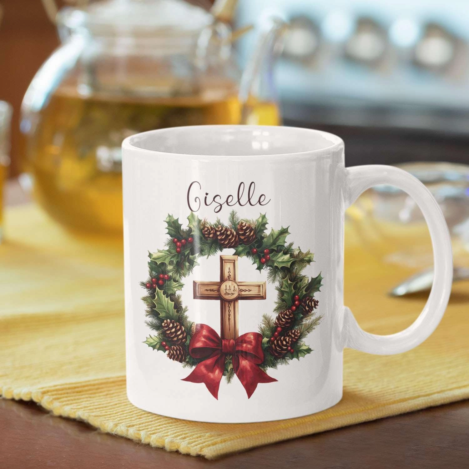 Awesome Custom Christmas Wreath Cup, Gift For Friends Coworkers, Personalized Cross Design Coffee Mug, Customized Name Christmas Design Ceramic Cup, Christian White Mug 11oz 15oz