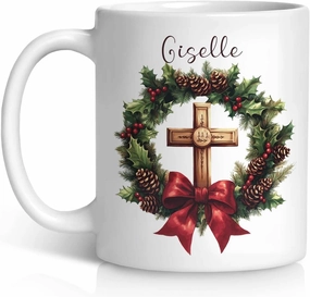 Awesome Custom Christmas Wreath Cup, Gift For Friends Coworkers, Personalized Cross Design Coffee Mug, Customized Name Christmas Design Ceramic Cup, Christian White Mug 11oz 15oz