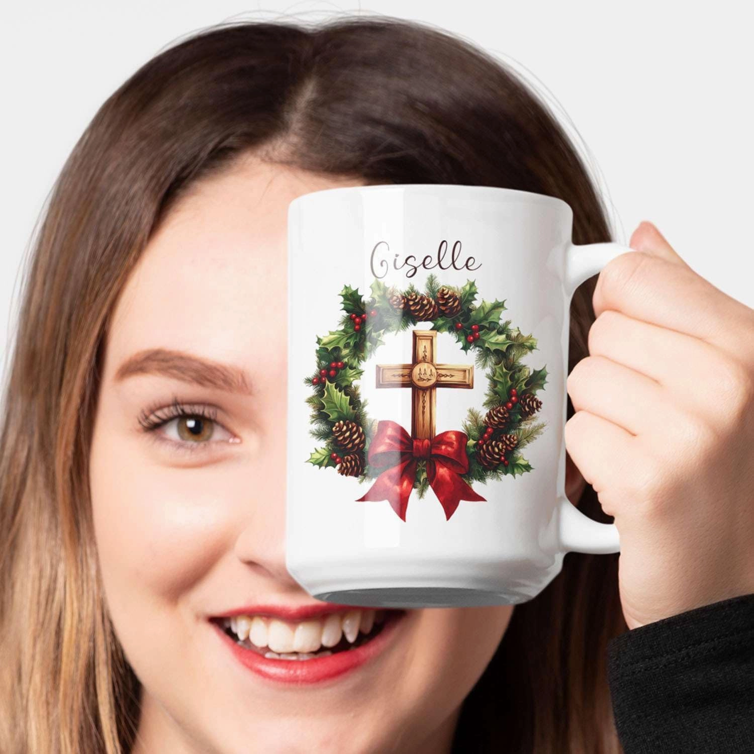 Awesome Custom Christmas Wreath Cup, Gift For Friends Coworkers, Personalized Cross Design Coffee Mug, Customized Name Christmas Design Ceramic Cup, Christian White Mug 11oz 15oz