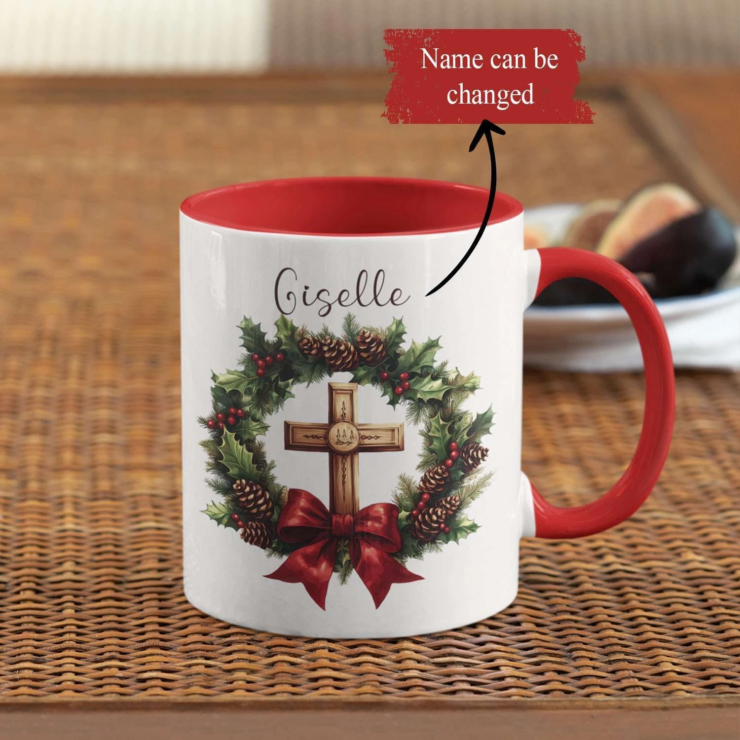 Awesome Custom Christmas Wreath Cup, Gift For Friends Coworkers, Personalized Cross Design Coffee Mug, Customized Name Christmas Design Ceramic Cup, Christian White Mug 11oz 15oz