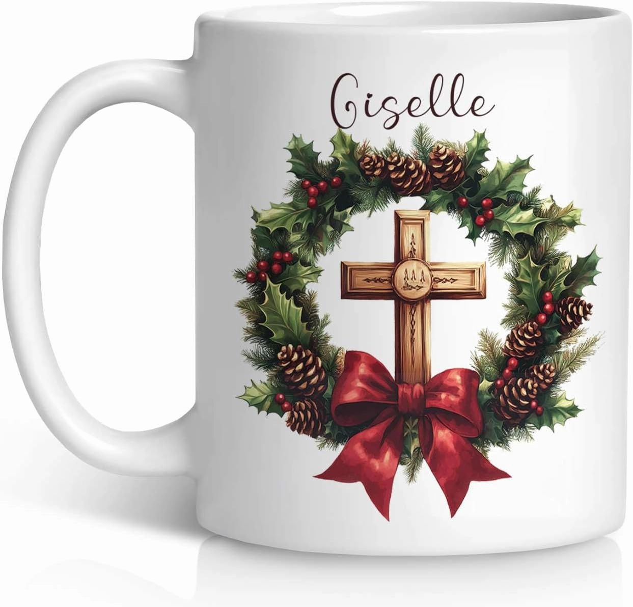 Awesome Custom Christmas Wreath Cup, Gift For Friends Coworkers, Personalized Cross Design Coffee Mug, Customized Name Christmas Design Ceramic Cup, Christian White Mug 11oz 15oz