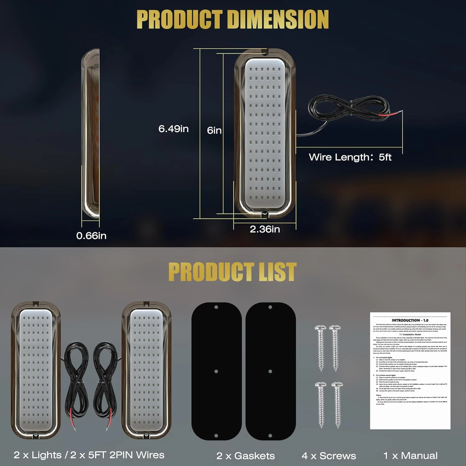 B5 Underwater Boat Lights, White 2x3000LM DC10-30V IP68, 316L Shell & Clear Lens, Marine Waterproof Lights for Yacht Boat Transom Pontoon Exterior Interior Deck Stern RV Fishing (B5-3)
