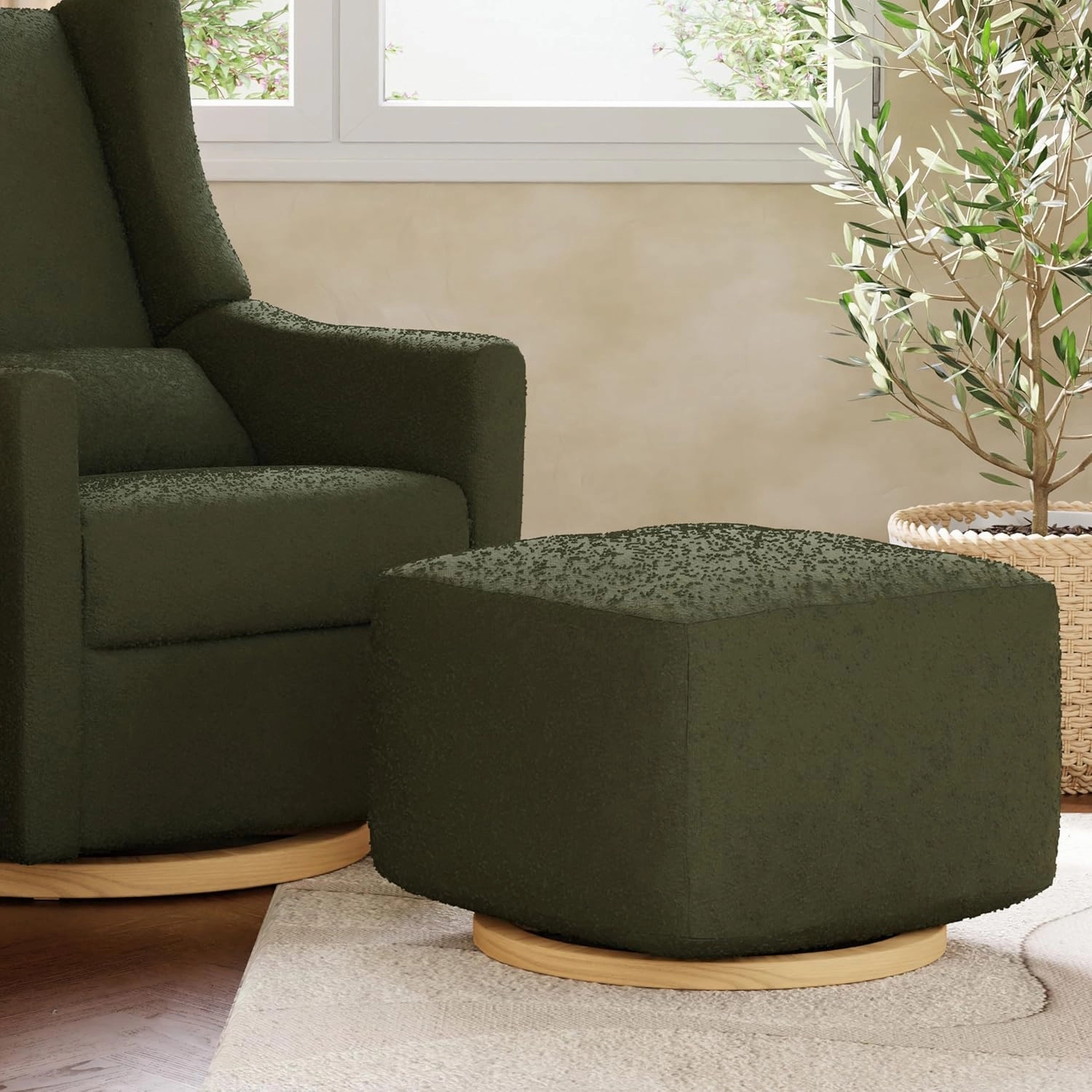 Babyletto Kiwi Gliding Ottoman in Olive Boucle with Light Wood Base, Greenguard Gold and CertiPUR-US Certified