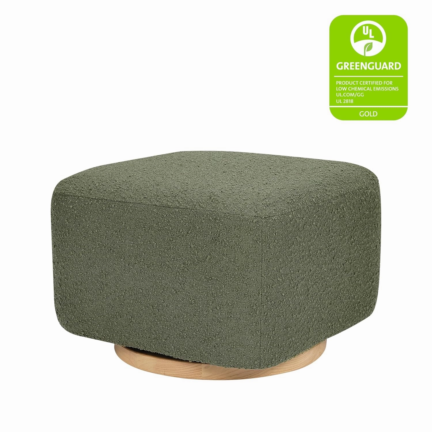 Babyletto Kiwi Gliding Ottoman in Olive Boucle with Light Wood Base, Greenguard Gold and CertiPUR-US Certified