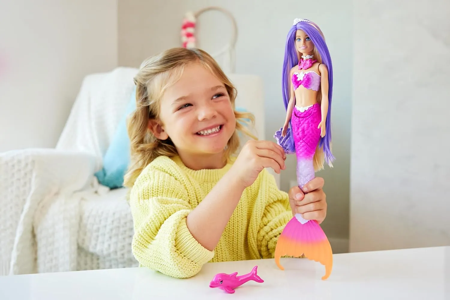 Barbie Mermaid Doll, “Malibu” with Pink Hair, Styling Accessories, Pet Dolphin and Water-Activated Color Change Feature
