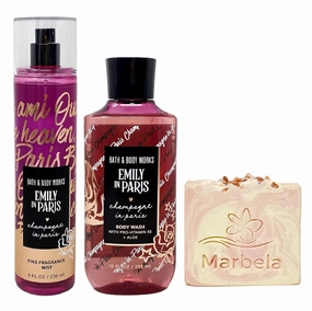 Bath & Body Works Emily In Paris- Champagne Paris Fragrance Mist and Body Wash Duo Set with a Himalayan Salts Springs Bar Soap