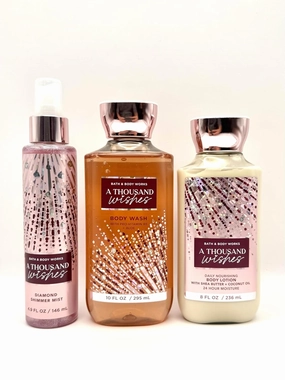 Bath and Body Work A Thousand Wishes Gift Set, Diamond Shimmer Mist 4.9 oz, Body Wash 10 oz, Body Lotion 8 oz