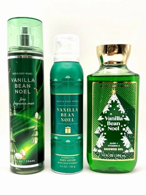 Bath and Body Work Vanilla Bean Noel Gift Set, Fine Fragrance Mist 8 oz, Shimmer Fizz Body Lotion 3.5 oz, Shower Gel 10 oz