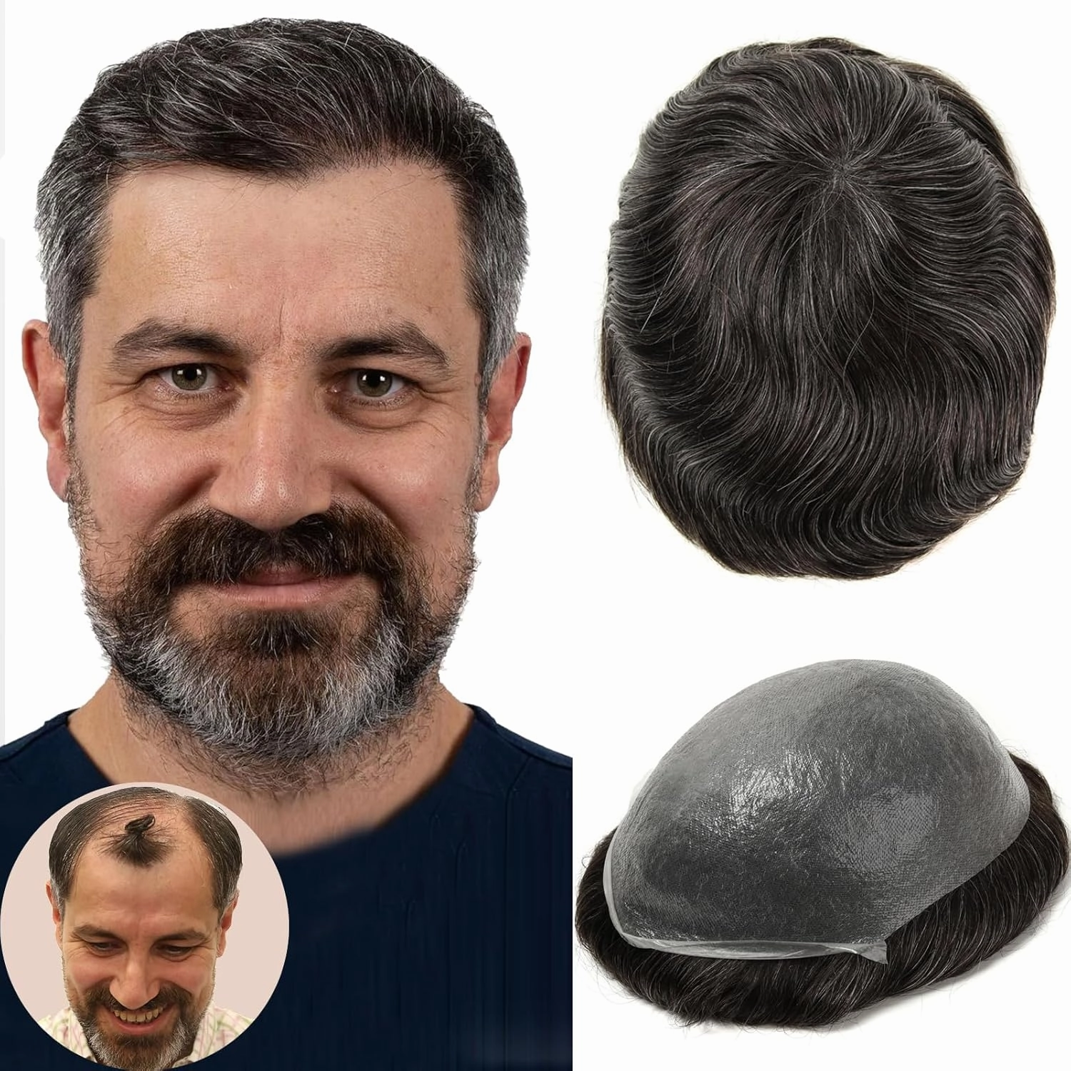 BEEOS 0.03mm PU Ultra-Thin Skin Toupee Hair for Men, Natural Black with 30% Grey Hair V-looped Invisible Knot 8x10 Inch Base Size #1B30 Hairpiece