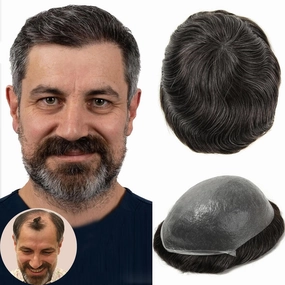 BEEOS 0.03mm PU Ultra-Thin Skin Toupee Hair for Men, Natural Black with 30% Grey Hair V-looped Invisible Knot 8x10 Inch Base Size #1B30 Hairpiece