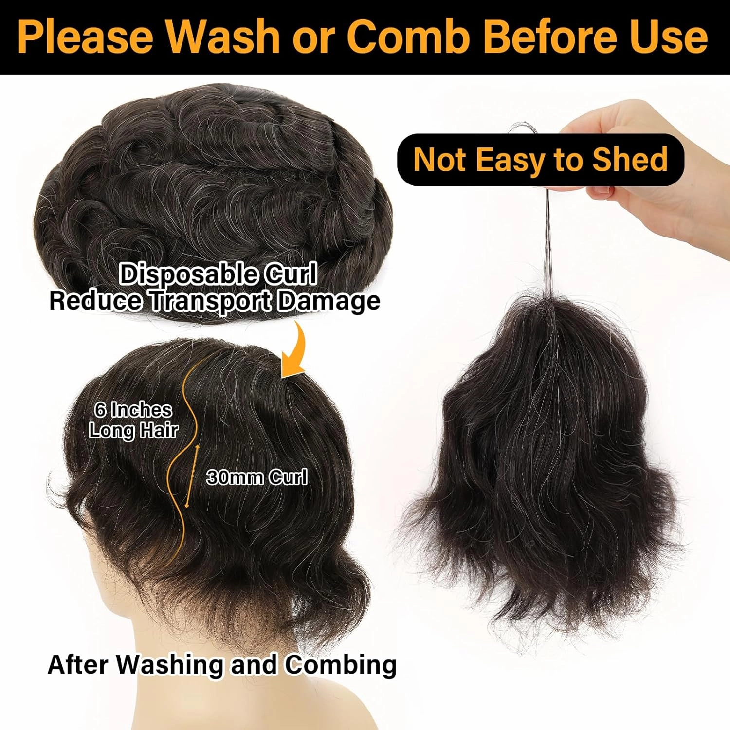 BEEOS 0.03mm PU Ultra-Thin Skin Toupee Hair for Men, Natural Black with 30% Grey Hair V-looped Invisible Knot 8x10 Inch Base Size #1B30 Hairpiece