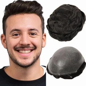 BEEOS 0.03mm Thin Skin Toupee for Men, V-looped and No Knots 100% Human Hair Mens Hairpiece 90% Light Density, 8x10 Inch Transparent PU Base Mens Hair Replacement System #1B Natural Black