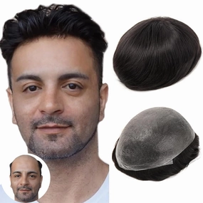 BEEOS 0.06mm Thin Skin Toupee for Men, V-looped Mens Hair Piece, 8x10 Inch PU Base Real Human Hair Replacement System #1B Natural Black