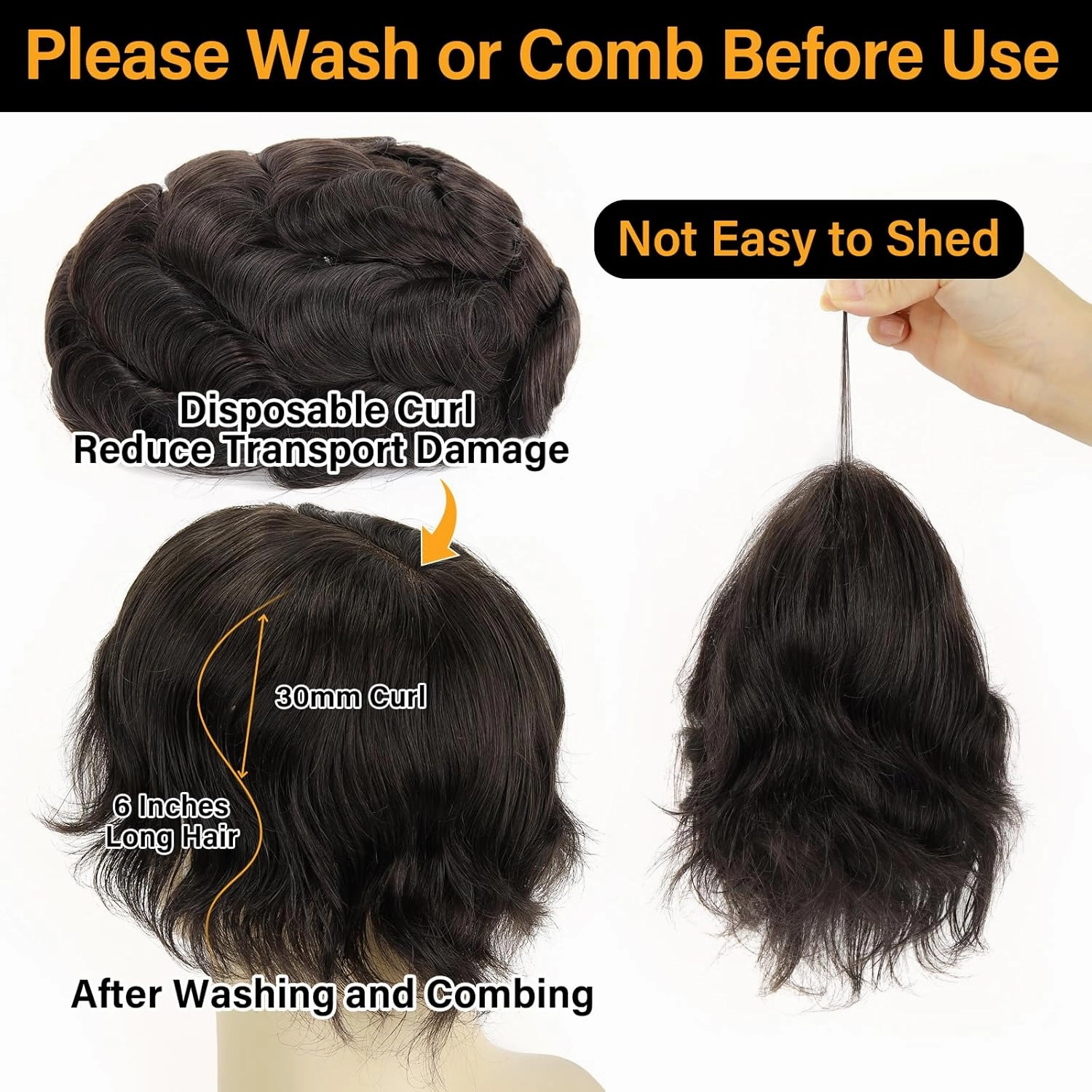 BEEOS 0.06mm Thin Skin Toupee for Men, V-looped Mens Hair Piece, 8x10 Inch PU Base Real Human Hair Replacement System #1B Natural Black