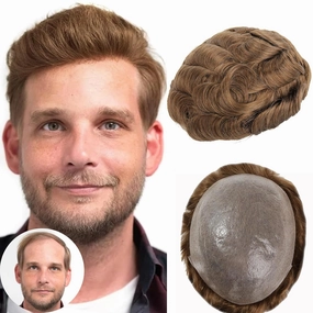 BEEOS 0.06mm Thin Skin Toupee Hair for Men, #18 Blonde V-looped Real Human Hair System Mens Hairpiece 8x10 Inch PU Base