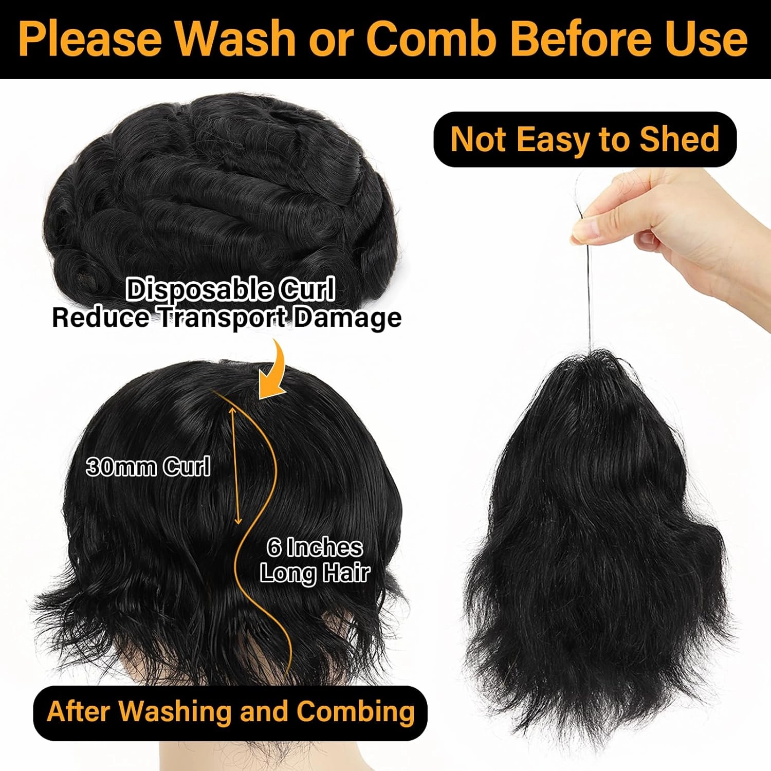 BEEOS 0.06mm Thin Skin Toupee Hair for Men, #1 Jet Black V-looped No Knots 8x10 Inch PU Base Size Human Hair Piece Mens Toupee
