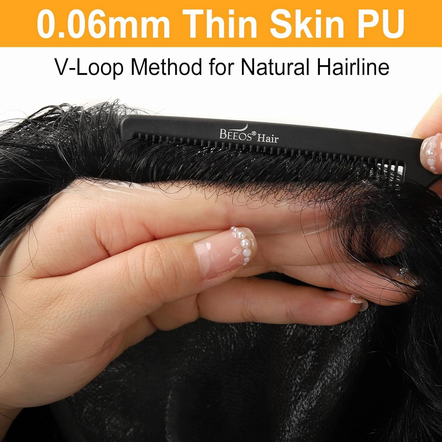 BEEOS 0.06mm Thin Skin Toupee Hair for Men, #1 Jet Black V-looped No Knots 8x10 Inch PU Base Size Human Hair Piece Mens Toupee