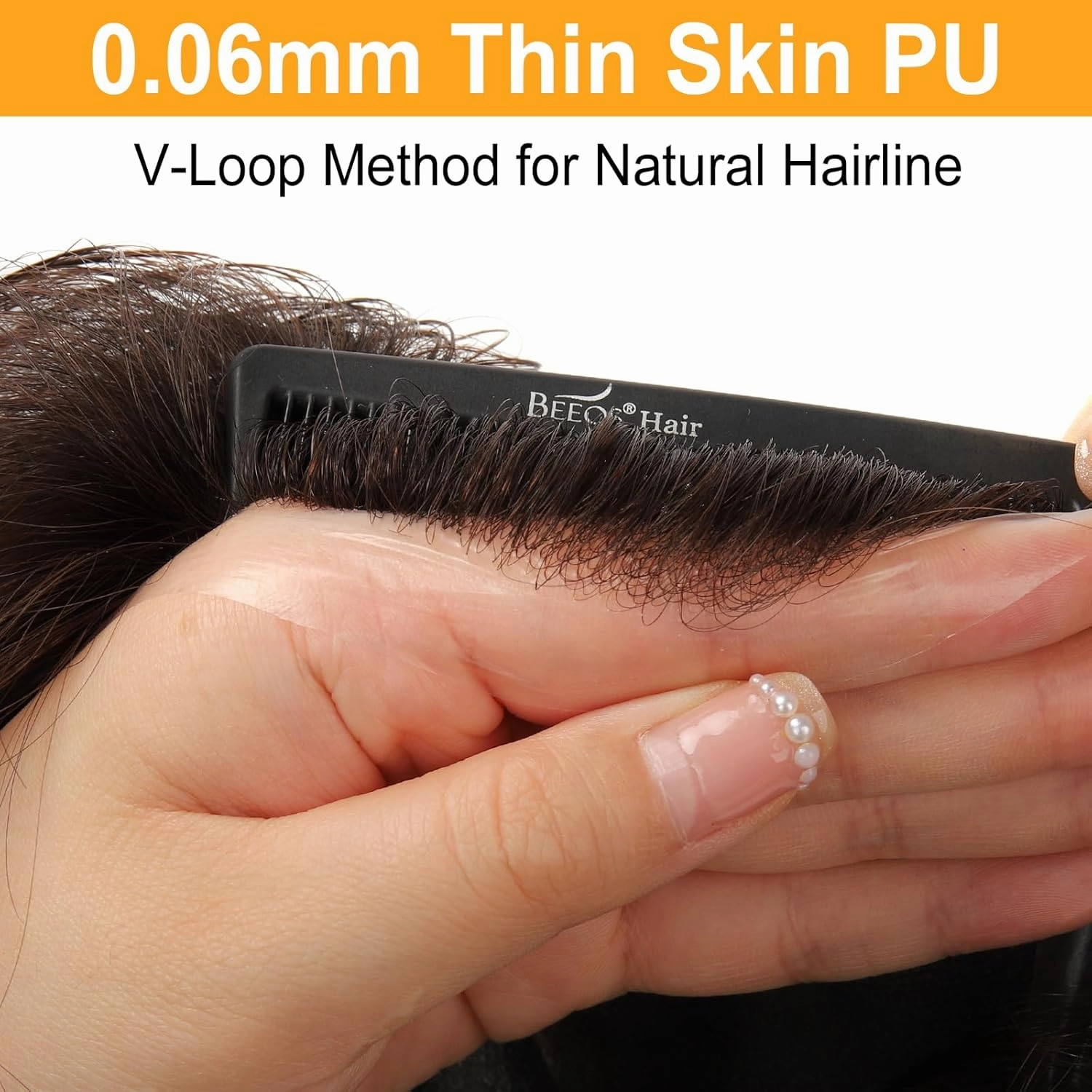 BEEOS 0.06mm Ultra Thin Skin Toupee for Men, V-looped Mens Hair Piece 8x10 Inch PU Base Hair Replacement System #2 Dark Brown