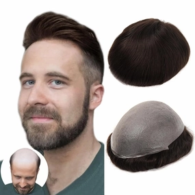 BEEOS 0.06mm Ultra Thin Skin Toupee for Men, V-looped Mens Hair Piece 8x10 Inch PU Base Hair Replacement System #2 Dark Brown