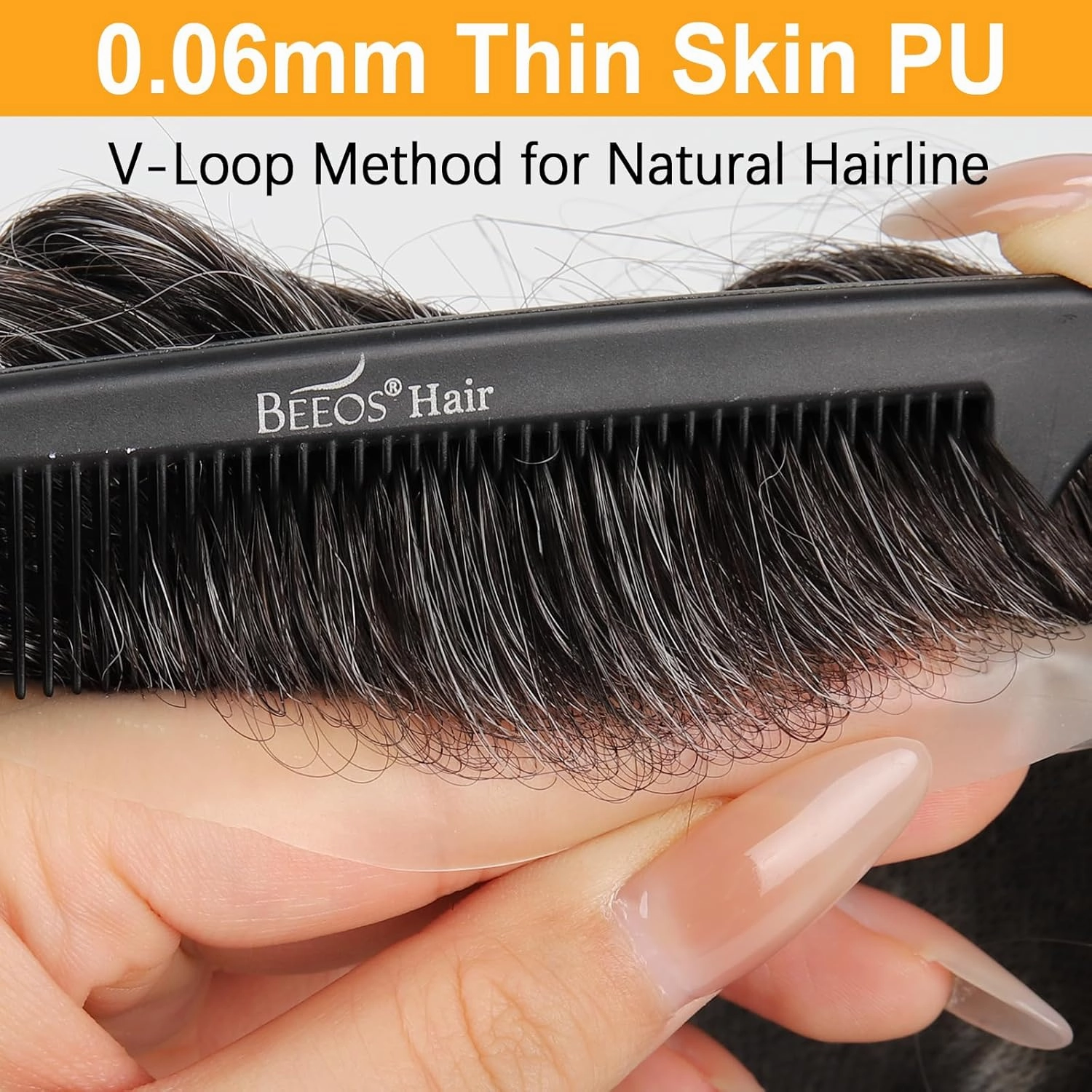BEEOS 0.06mm Ultra Thin Skin Toupee for Men, V-looped Real Human Hair Mens Hair Piece 8x10 Inch PU Base Hair Replacement System #1B30 Natural Black with 30% Grey