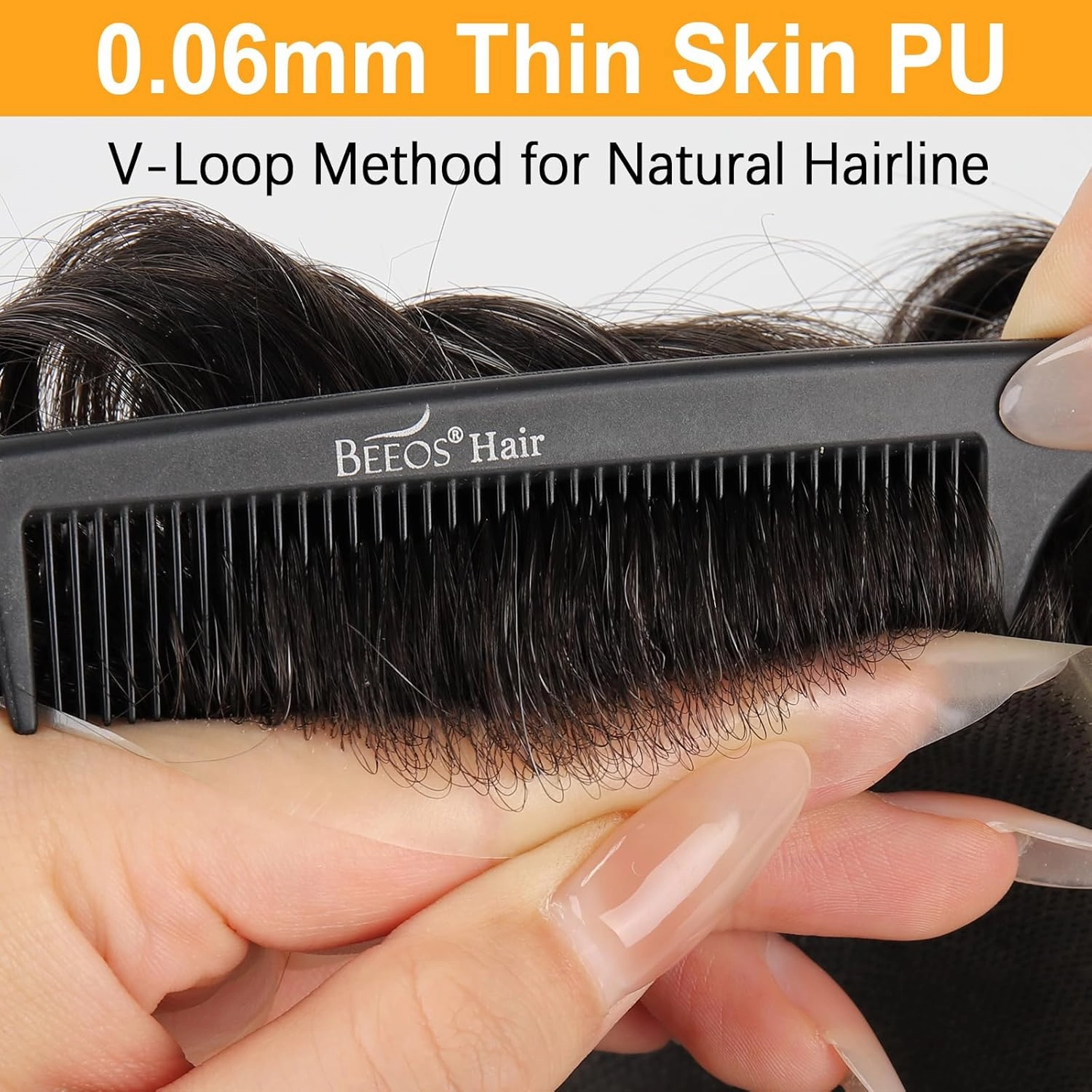 BEEOS 0.06mm Ultra Thin Skin Toupee Hair for Men, V-looped Mens Hair Piece 8x10 Inch PU Base Mens Toupee #1B10 Natural Black with 10% Grey
