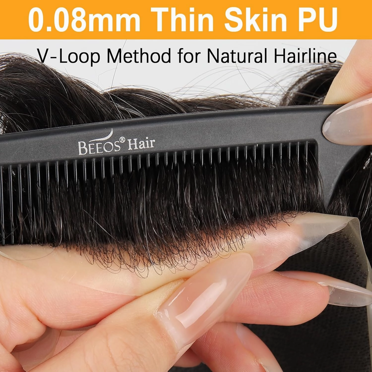 BEEOS 0.08mm Thin Skin Toupee for Men, 8x10 Inch PU Base V-looped Real Human Hair Mens Hair Piece, Mens Toupee #1B10 Natural Black with 10% Grey