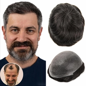 BEEOS 0.08mm Thin Skin Toupee for Men, V-looped Mens Hair Piece 8x10 Inch PU Base Hair Replacement System #1B30 Natural Black with 30% Grey