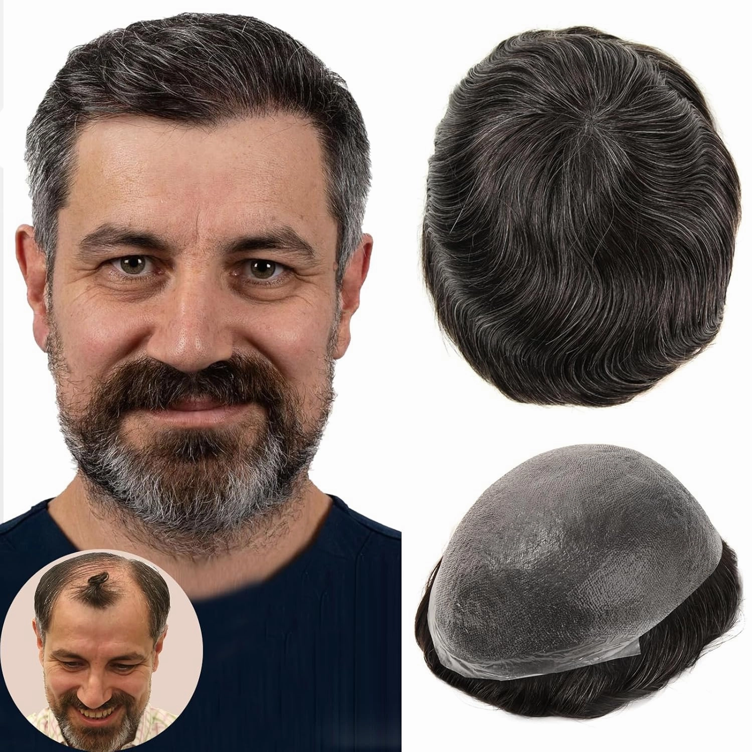 BEEOS 0.08mm Thin Skin Toupee for Men, V-looped Mens Hair Piece 8x10 Inch PU Base Hair Replacement System #1B30 Natural Black with 30% Grey