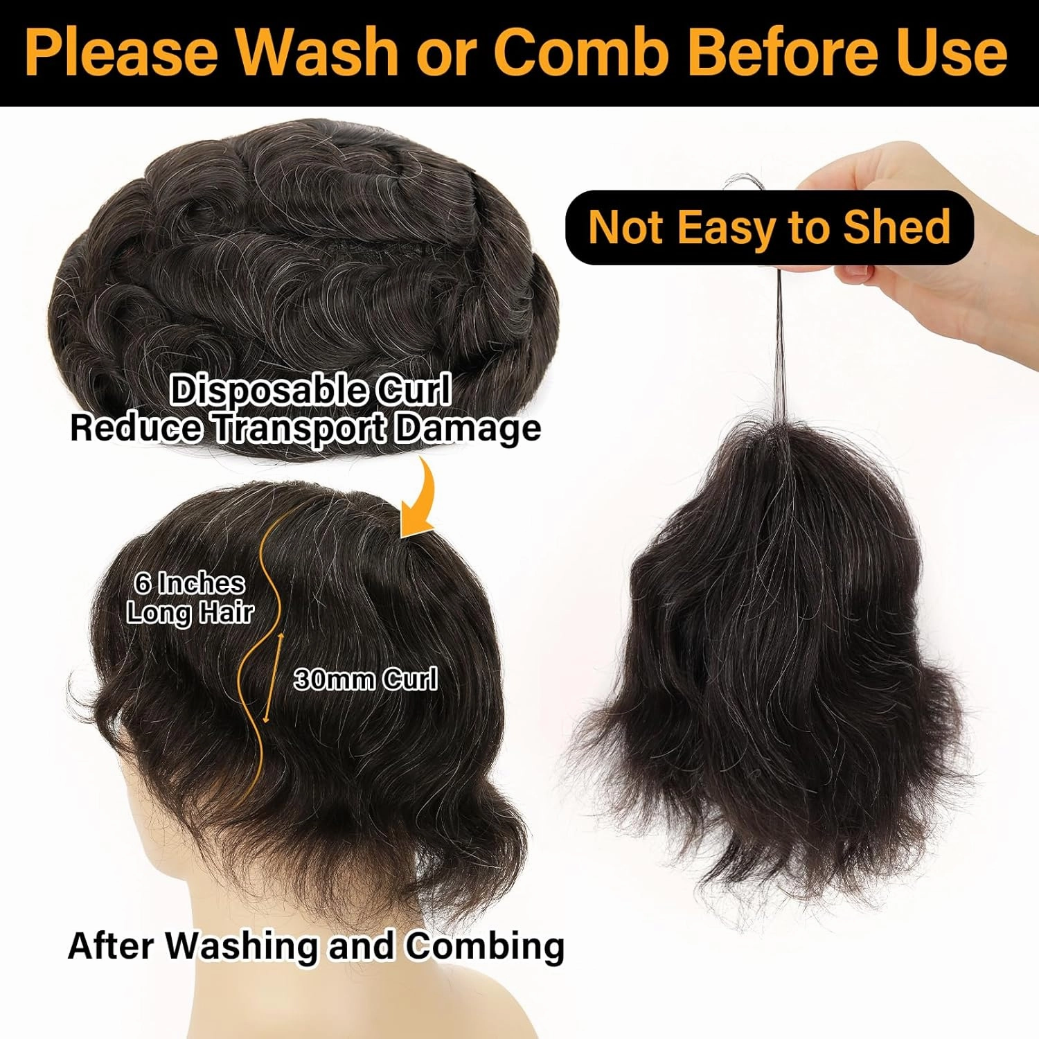 BEEOS 0.08mm Thin Skin Toupee for Men, V-looped Mens Hair Piece 8x10 Inch PU Base Hair Replacement System #1B30 Natural Black with 30% Grey