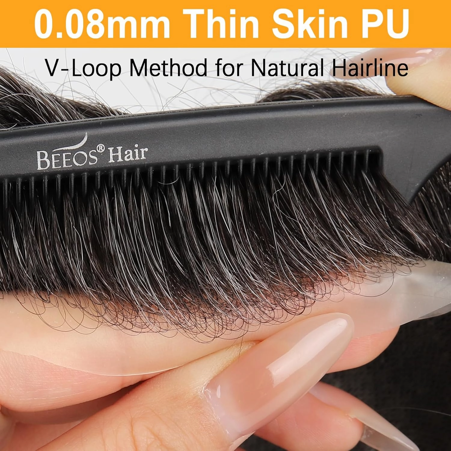 BEEOS 0.08mm Thin Skin Toupee for Men, V-looped Mens Hair Piece 8x10 Inch PU Base Hair Replacement System #1B30 Natural Black with 30% Grey