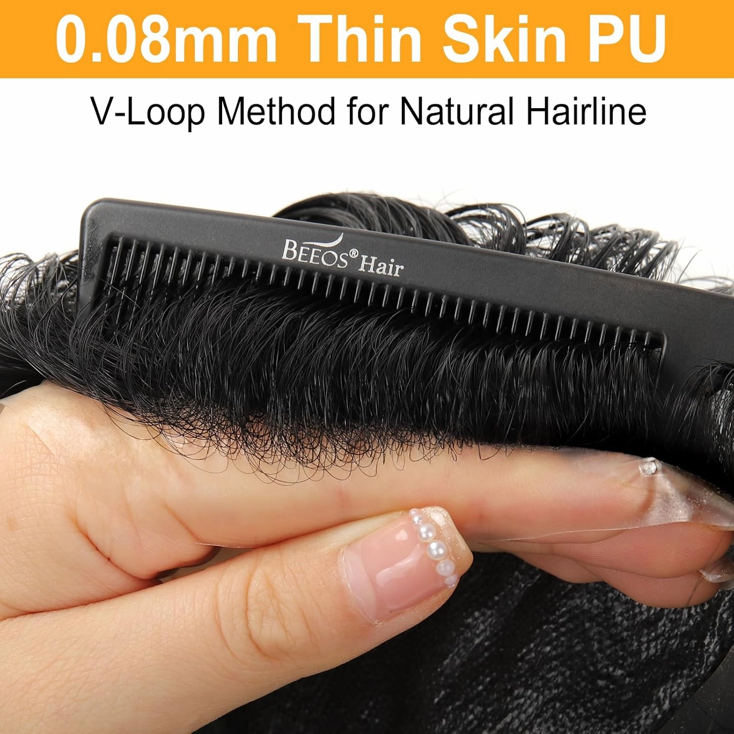 BEEOS 0.08mm Thin Skin Toupee for Men, V-looped No Knots 8x10 Inch PU Base Size Mens Hair Piece, Hair Replacement System #1 Jet Black