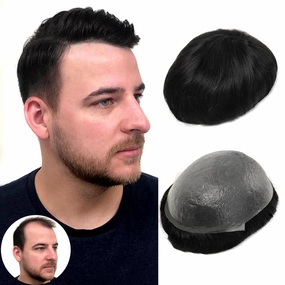 BEEOS 0.08mm Thin Skin Toupee for Men, V-looped No Knots 8x10 Inch PU Base Size Mens Hair Piece, Hair Replacement System #1 Jet Black