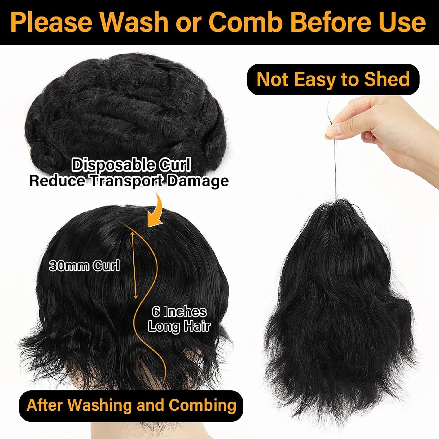 BEEOS 0.08mm Thin Skin Toupee for Men, V-looped No Knots 8x10 Inch PU Base Size Mens Hair Piece, Hair Replacement System #1 Jet Black