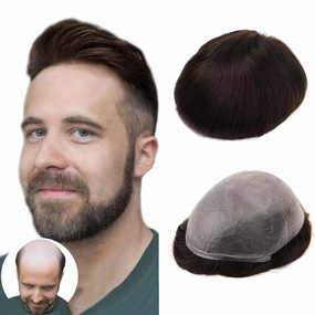 BEEOS 0.08mm Thin Skin Toupee Hair for Men, #2 Dark Brown V-looped Real Human Hair Mens Hair Piece 8x10 Inch PU Base Mens Toupee