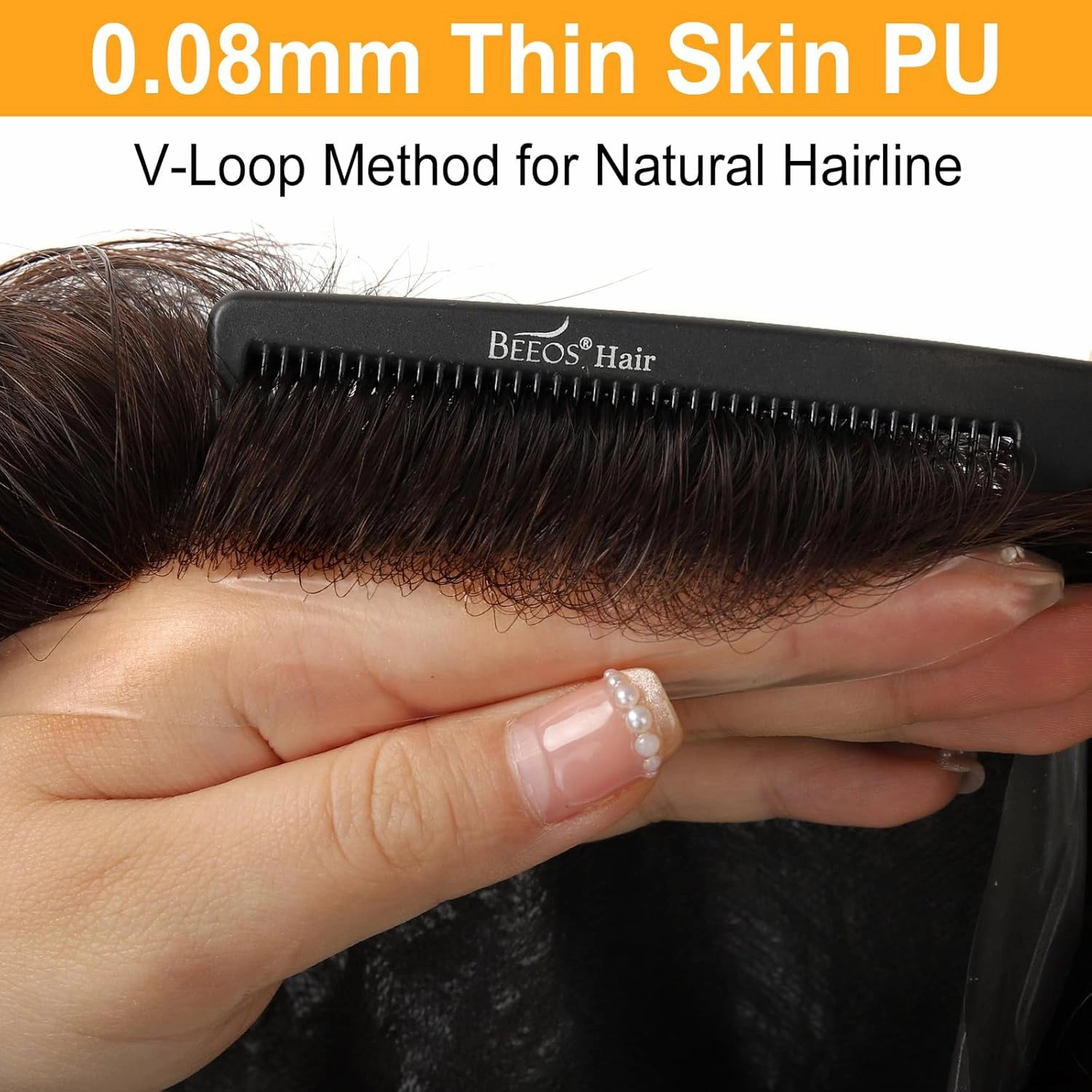 BEEOS 0.08mm Thin Skin Toupee Hair for Men, #2 Dark Brown V-looped Real Human Hair Mens Hair Piece 8x10 Inch PU Base Mens Toupee