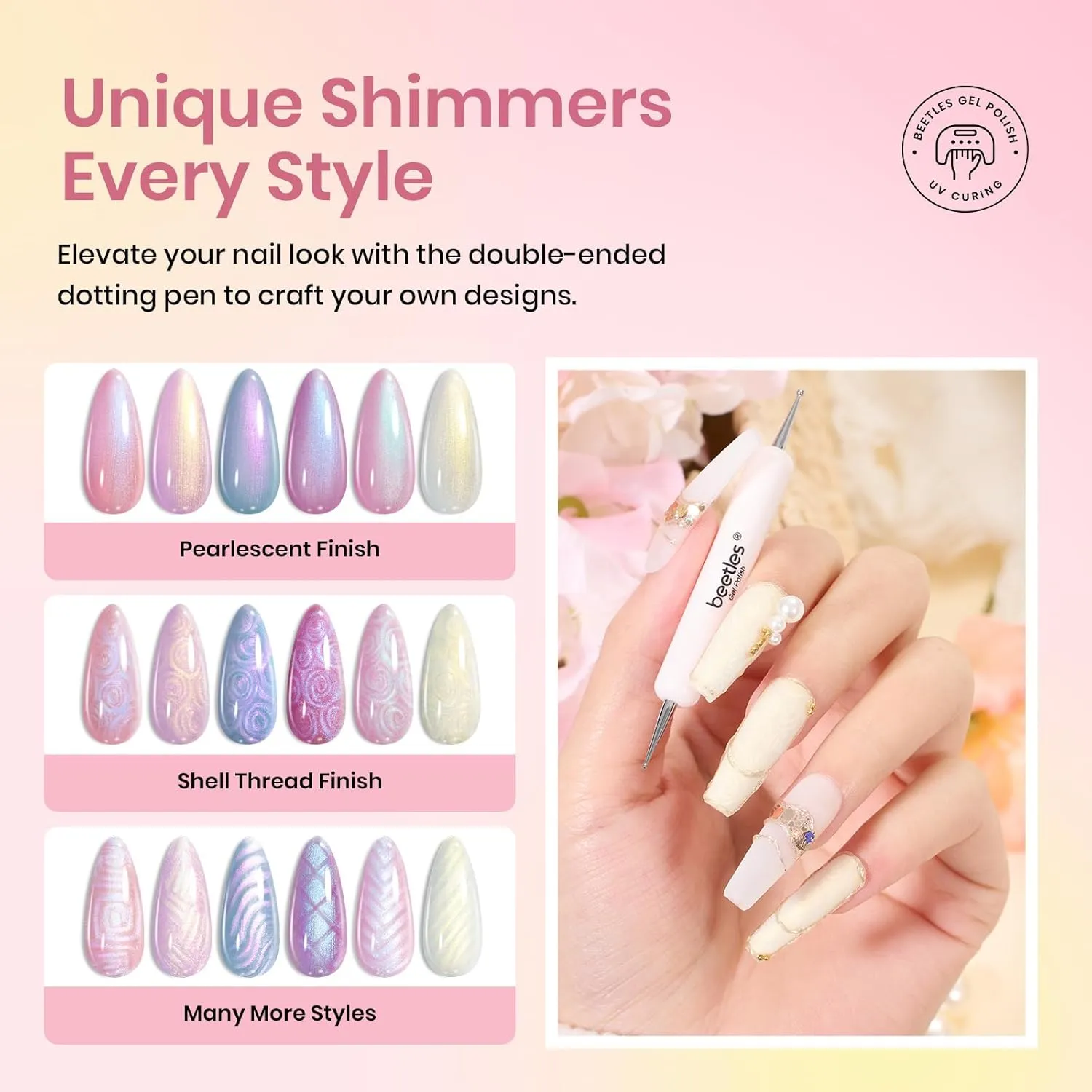 Beetles Pearl Gel Nail Polish, 6 Colors Shimmer Pearl White Pink Purple Mermaid Nail Drawing Gel Polish Soak Off Uv Gel Polish Swirl Shell Thread Effect DIY Manicure Gift for Women