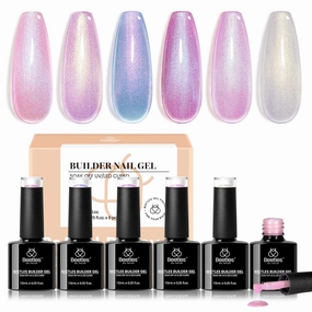 Beetles Builder Gel for Nails,Pearl Shimmer 6 Colors Builder Gel Set for Building Apex & Nail Extension Uv Led White Pink Purple Mermaid Drawing Strengthener for Thin Nails Beauty Gift Sets for Women