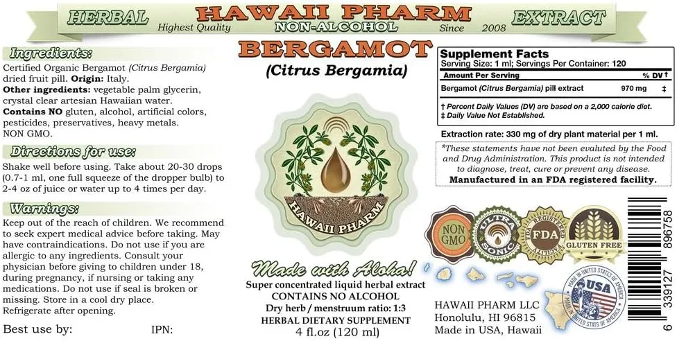 Bergamot Alcohol-Free Liquid Extract, Bergamot (Citrus Bergamia) Dried Fruit Peel Glycerite Hawaii Pharm Natural Herbal Supplement 2 oz