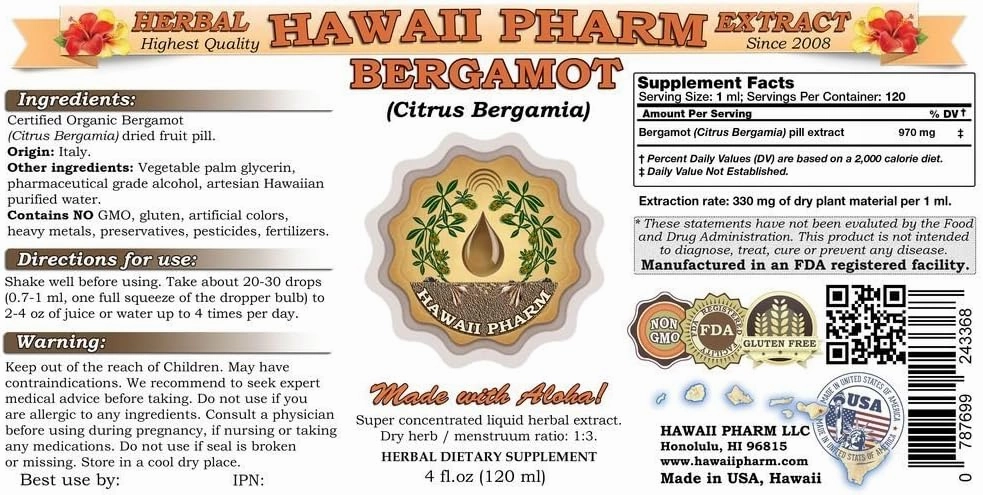 Bergamot Liquid Extract, Bergamot (Citrus Bergamia) Dried Fruit Peel Powder Tincture Supplement 2 oz