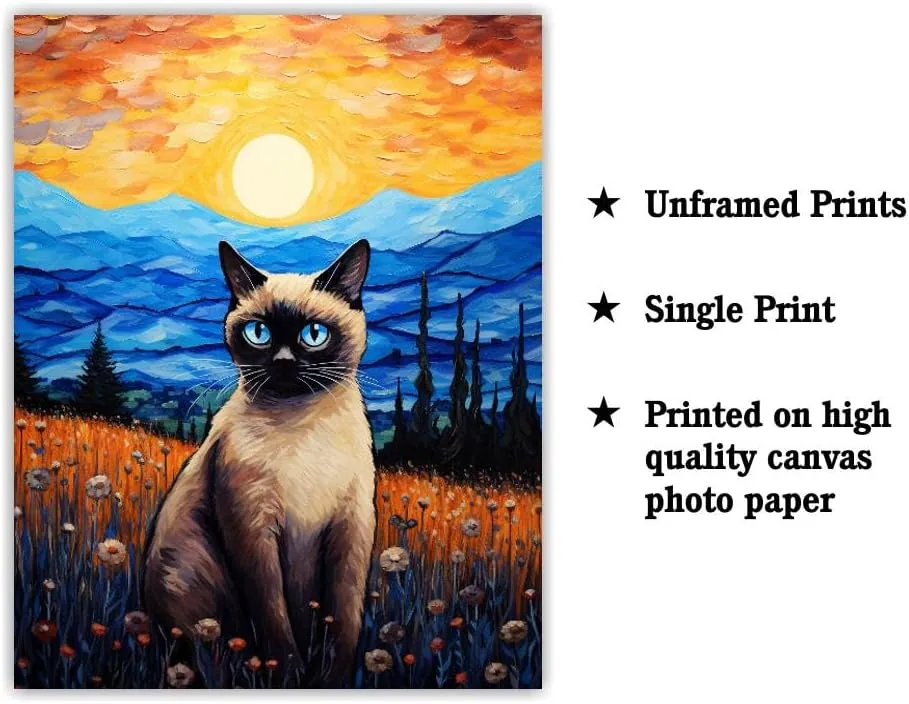 Bestbuddy Pet 11X14 Unframed Starry Evening Siamese Cat Looking Beyond Mountain Range Family Animal Pet Oil Painting Art Print Poster Wall Decor AP214