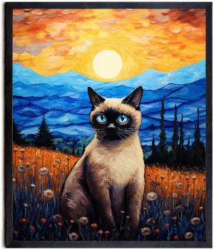Bestbuddy Pet 11X14 Unframed Starry Evening Siamese Cat Looking Beyond Mountain Range Family Animal Pet Oil Painting Art Print Poster Wall Decor AP214