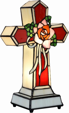 Bieye L10935 Rose Cross Tiffany Style Stained Glass Accent Table Lamp Night Light for Home Decor, Red