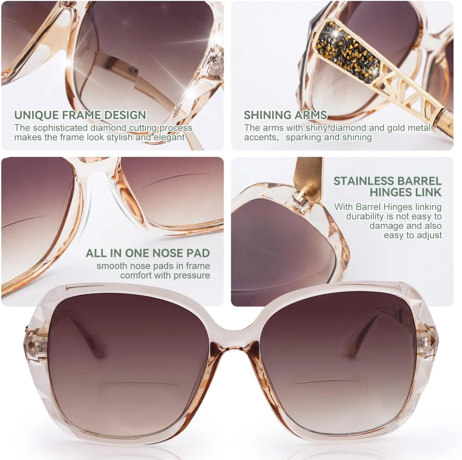 Bifocal Reading Sunglasses for Women Oversized Square Sun Reader Sparkling Composite Shiny Sunglasses with readers