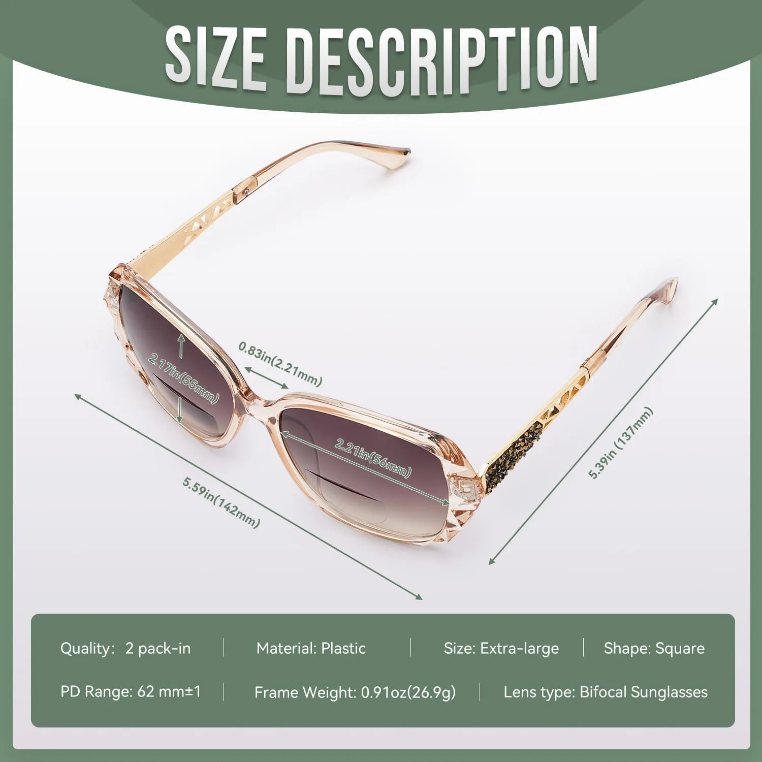 Bifocal Reading Sunglasses for Women Oversized Square Sun Reader Sparkling Composite Shiny Sunglasses with readers
