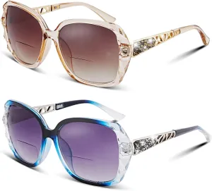 Bifocal Reading Sunglasses for Women Oversized Square Sun Reader Sparkling Composite Shiny Sunglasses with readers